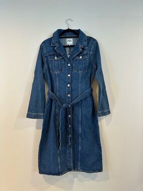 Zara Blue Denim Button-Front Shirt Dress with Waist Tie